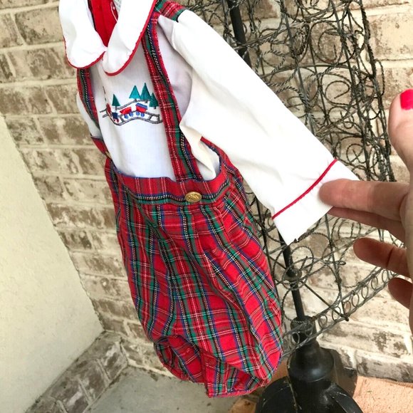 Alexis Toddler Overalls 3 M Month Red Plaid Embroidered Train Snaps EUC… - Picture 3 of 12